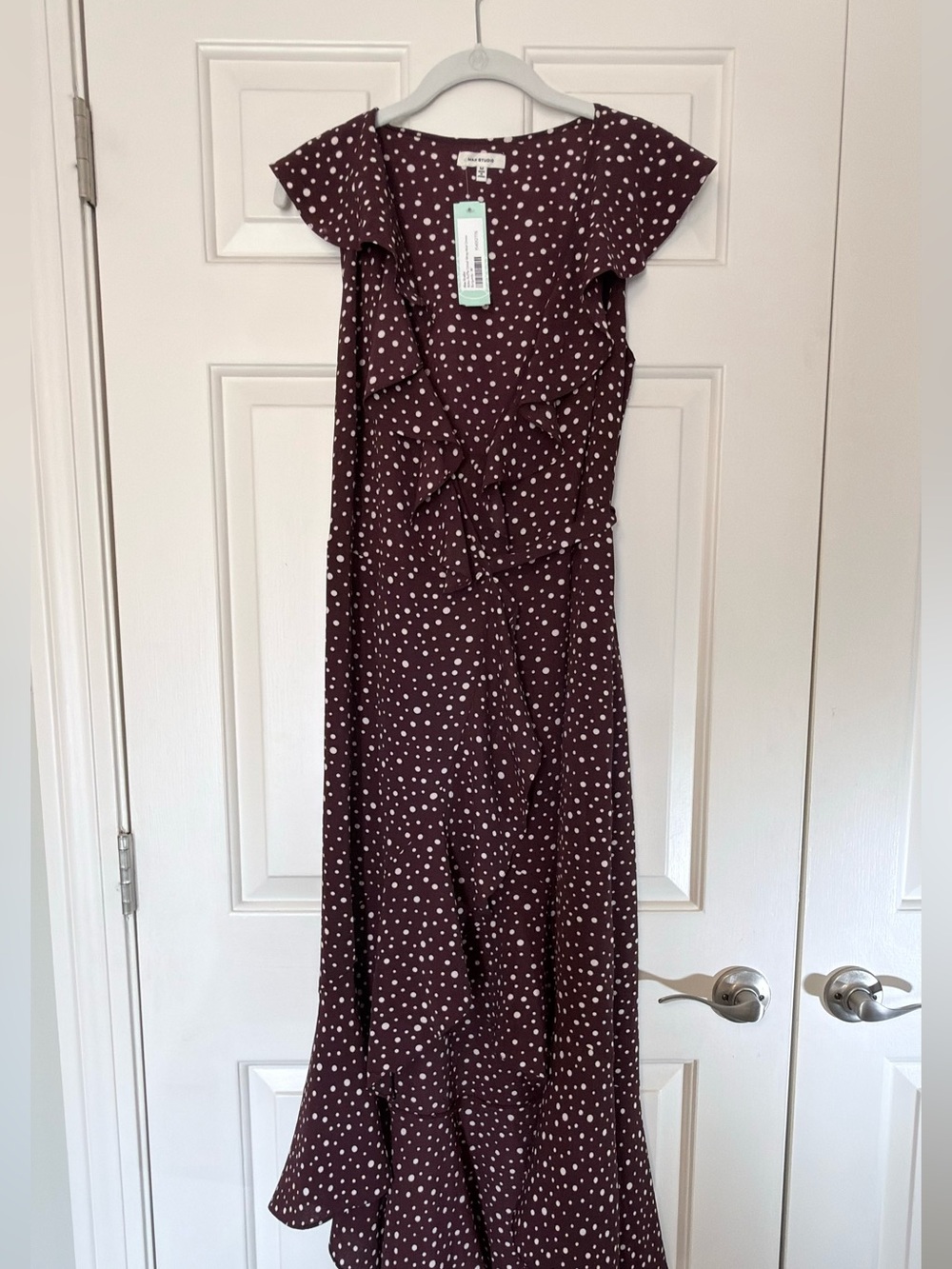 Max Studio Miley Ruffle Detail Wrap Midi Dress Burgundy Polka Dot Size M NWT